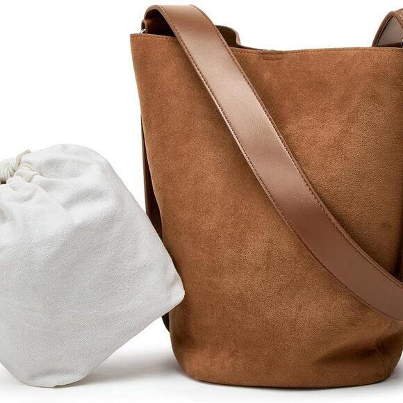 Women Hobo Bag Suede Vegan Leather Tote Bucket Crossbody Soft Lining - Picture 1 of 7